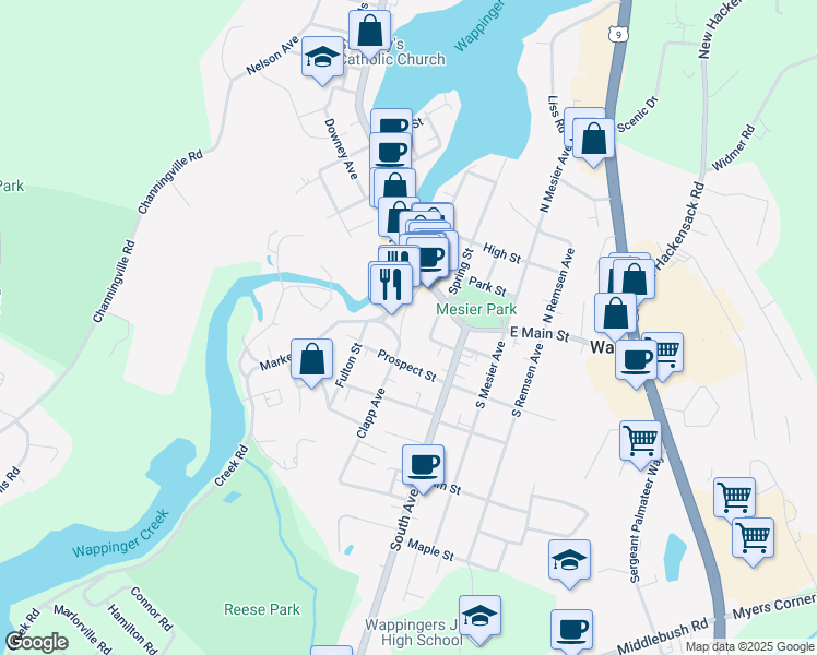 map of restaurants, bars, coffee shops, grocery stores, and more near 28 Market Street in Wappingers Falls