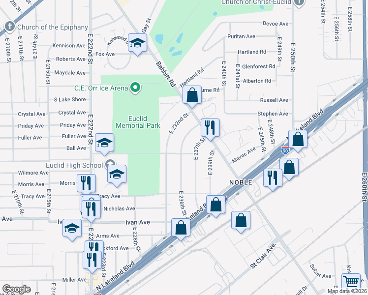 map of restaurants, bars, coffee shops, grocery stores, and more near 760 East 236th Street in Euclid