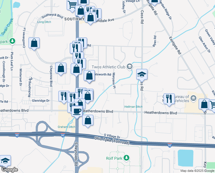 map of restaurants, bars, coffee shops, grocery stores, and more near 2302 Maryann Place in Toledo