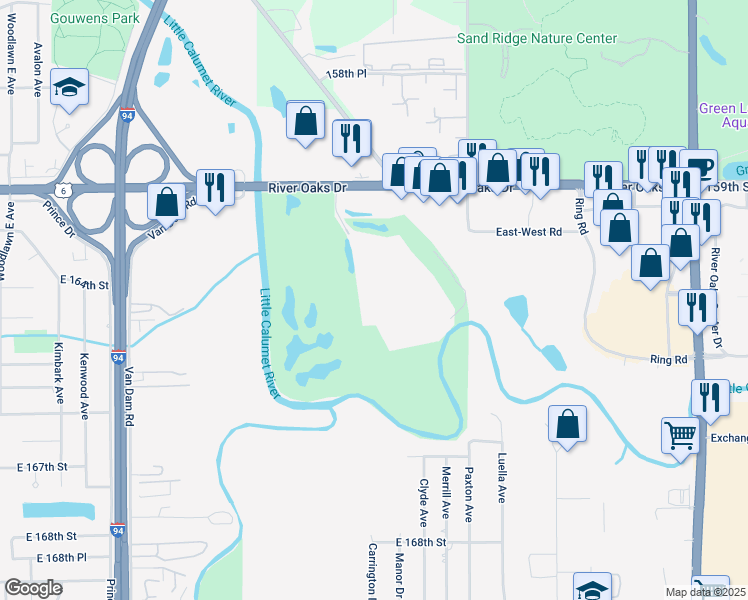 map of restaurants, bars, coffee shops, grocery stores, and more near 100 Park Avenue in Calumet City