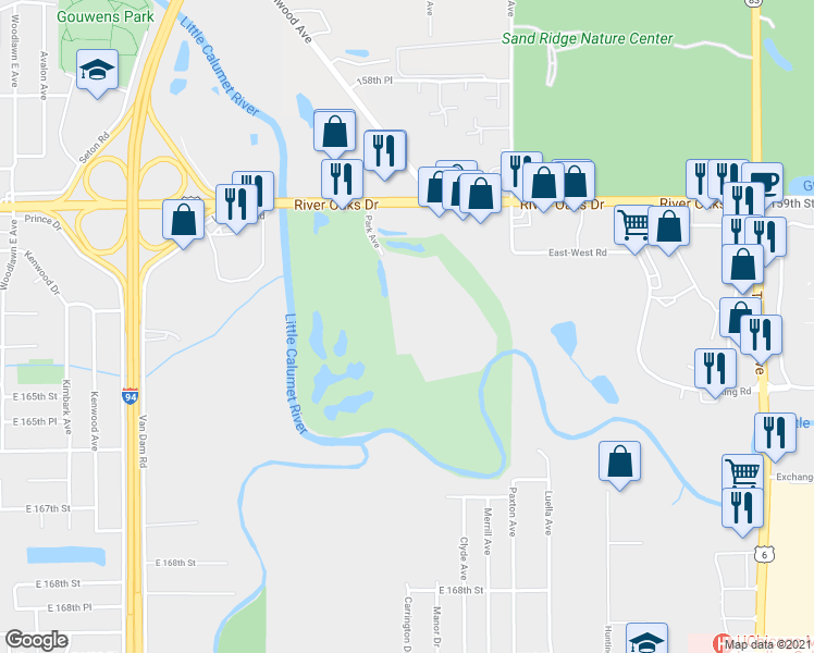 map of restaurants, bars, coffee shops, grocery stores, and more near 100 Park Avenue in Calumet City