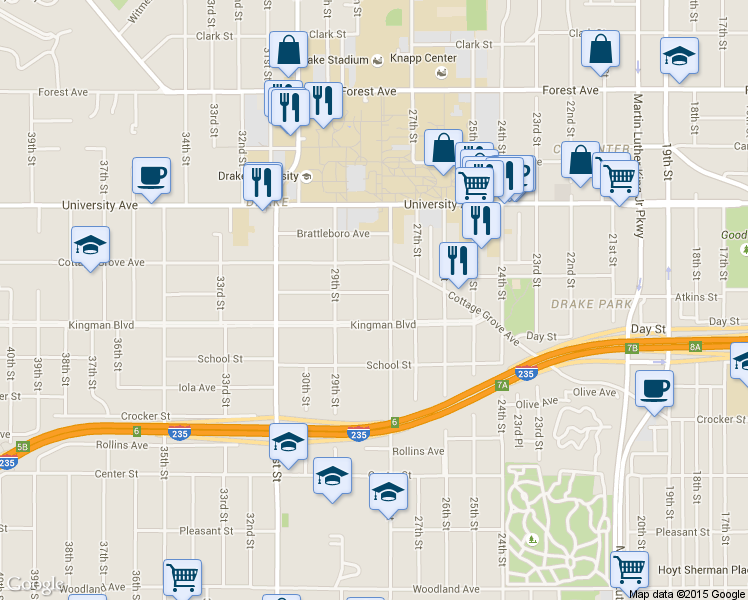 map of restaurants, bars, coffee shops, grocery stores, and more near 2823 Rutland Avenue in Des Moines