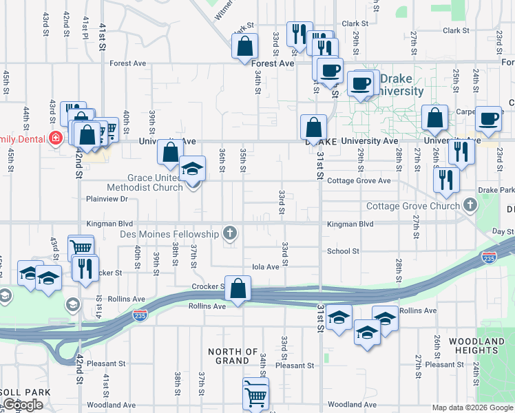map of restaurants, bars, coffee shops, grocery stores, and more near 3113 Cottage Grove Avenue in Des Moines
