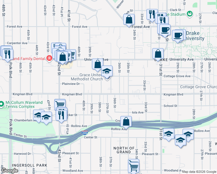 map of restaurants, bars, coffee shops, grocery stores, and more near 3700 Cottage Grove Avenue in Des Moines