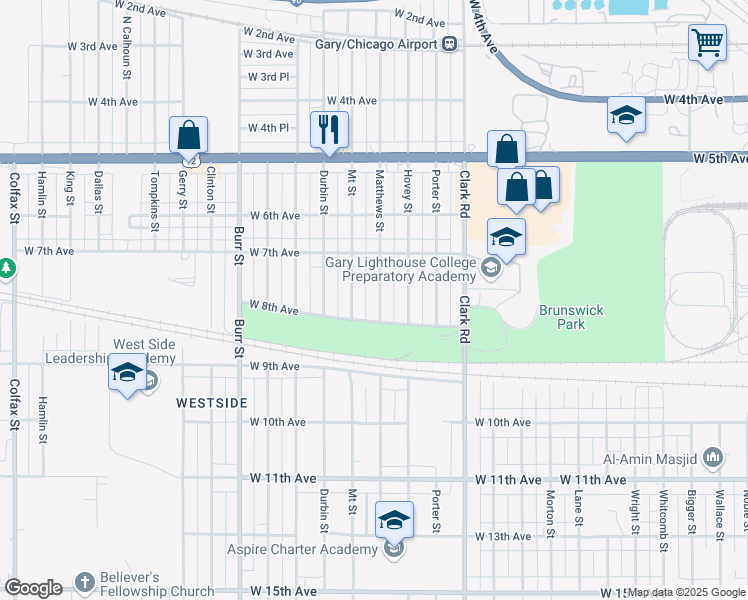 map of restaurants, bars, coffee shops, grocery stores, and more near 770 Matthews Street in Gary