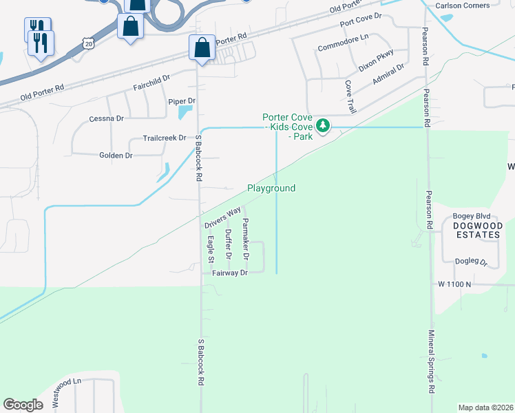map of restaurants, bars, coffee shops, grocery stores, and more near 3432 Drivers Way in Chesterton