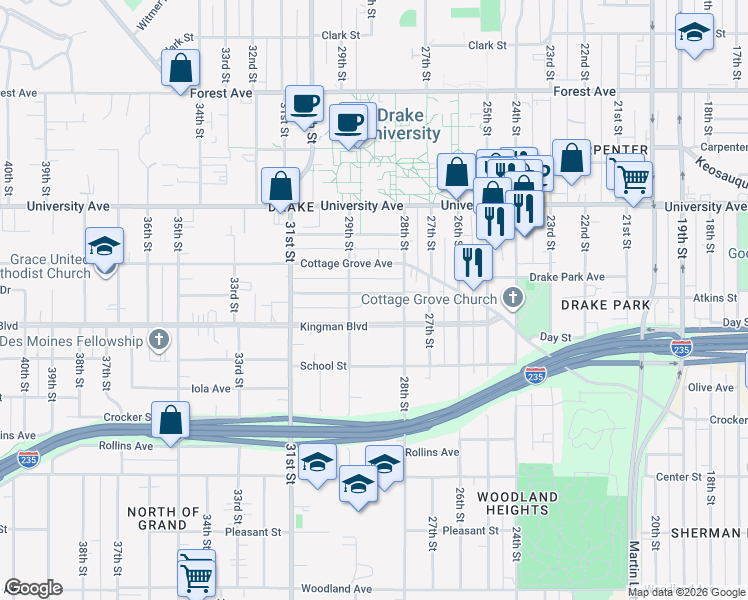 map of restaurants, bars, coffee shops, grocery stores, and more near 2823 Rutland Avenue in Des Moines