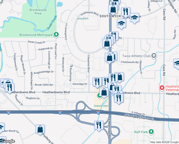 map of restaurants, bars, coffee shops, grocery stores, and more near 2404 Cheyenne Boulevard in Toledo