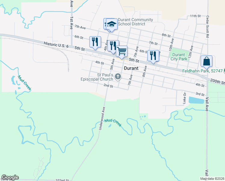map of restaurants, bars, coffee shops, grocery stores, and more near 500-598 2nd Street in Durant