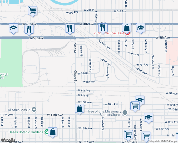 map of restaurants, bars, coffee shops, grocery stores, and more near 731 Taney Street in Gary