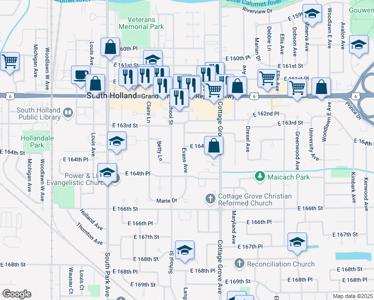 map of restaurants, bars, coffee shops, grocery stores, and more near 722E East 164th Street in South Holland