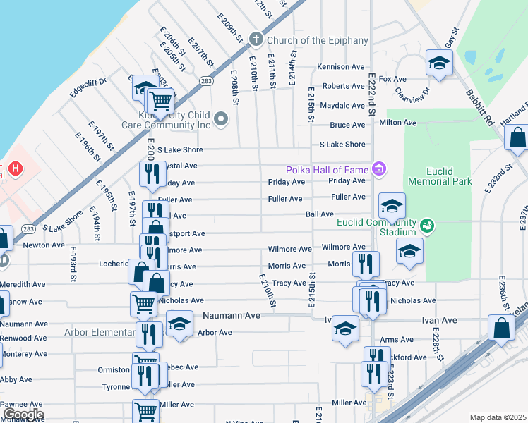 map of restaurants, bars, coffee shops, grocery stores, and more near 21101 Ball Avenue in Euclid