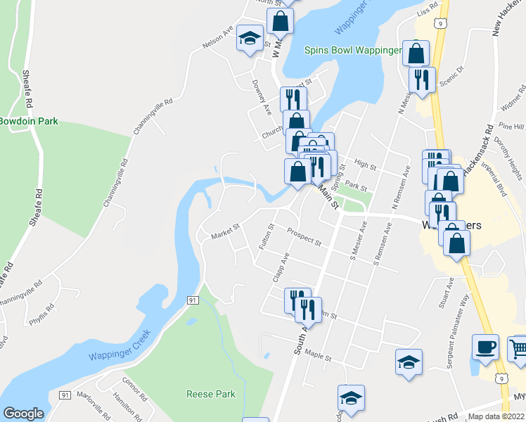 map of restaurants, bars, coffee shops, grocery stores, and more near 46 Market Street in Wappingers Falls