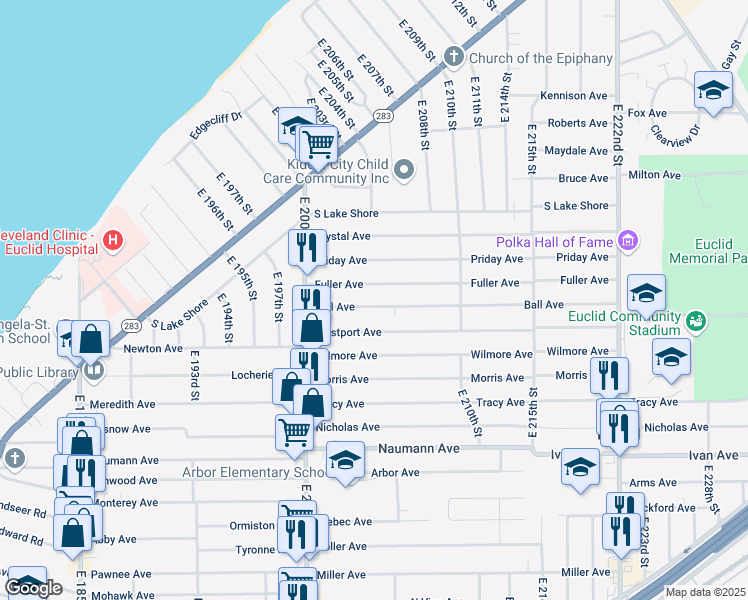 map of restaurants, bars, coffee shops, grocery stores, and more near 20547 Fuller Avenue in Euclid
