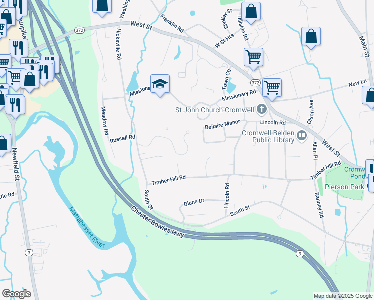 map of restaurants, bars, coffee shops, grocery stores, and more near 201 Rook Road in Cromwell