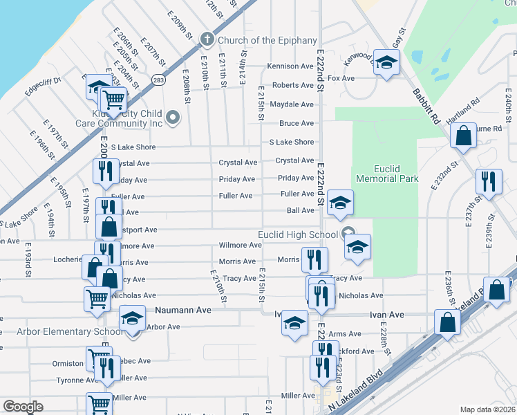 map of restaurants, bars, coffee shops, grocery stores, and more near 21441 Fuller Avenue in Euclid