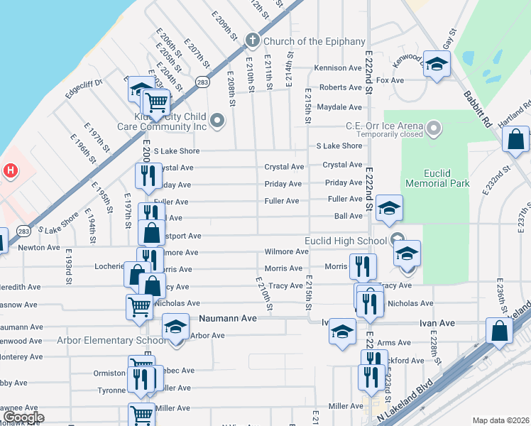 map of restaurants, bars, coffee shops, grocery stores, and more near 21271 Fuller Avenue in Euclid