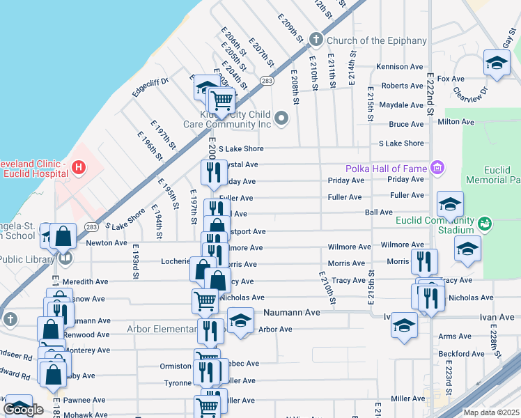 map of restaurants, bars, coffee shops, grocery stores, and more near 20547 Fuller Avenue in Euclid