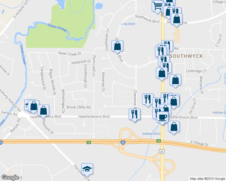 map of restaurants, bars, coffee shops, grocery stores, and more near 2329 Rockspring Road in Toledo