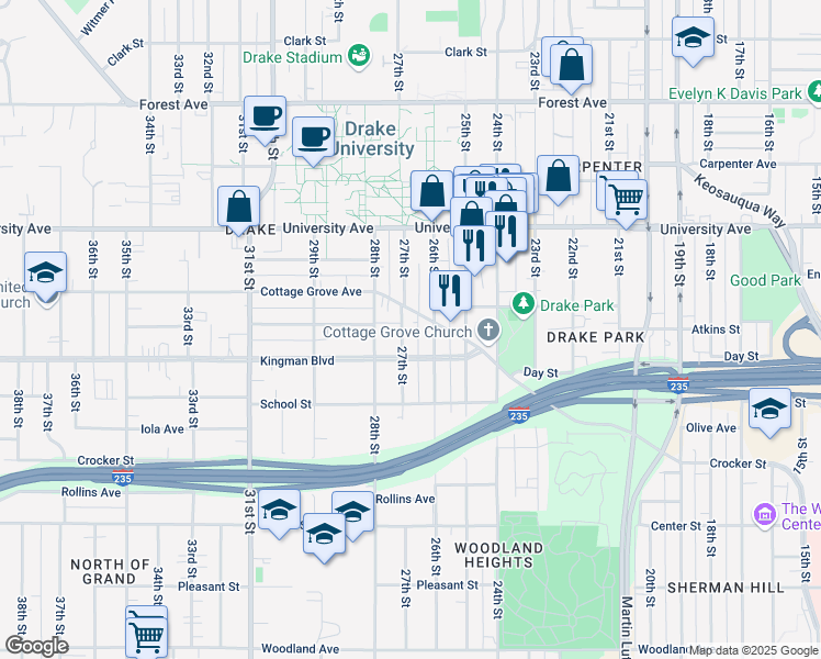 map of restaurants, bars, coffee shops, grocery stores, and more near 1100 26th Street in Des Moines