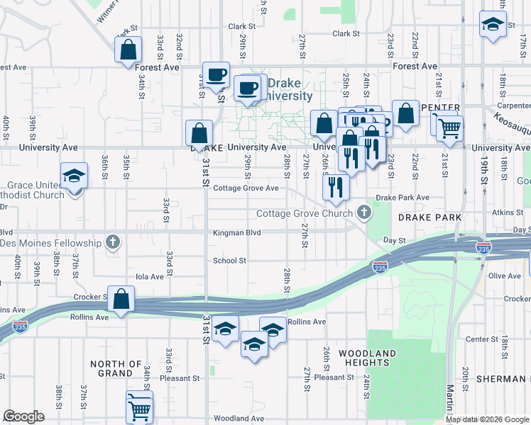 map of restaurants, bars, coffee shops, grocery stores, and more near 2823 Rutland Avenue in Des Moines