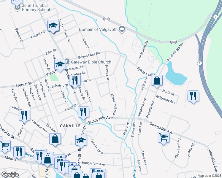 map of restaurants, bars, coffee shops, grocery stores, and more near 57 Norway Street in Watertown