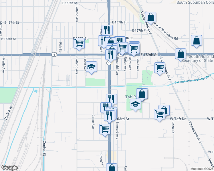 map of restaurants, bars, coffee shops, grocery stores, and more near 16025 Woodbridge Avenue in Harvey