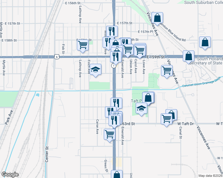 map of restaurants, bars, coffee shops, grocery stores, and more near 16052 Halsted Street in Harvey