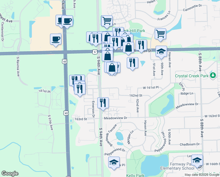 map of restaurants, bars, coffee shops, grocery stores, and more near 9312 Hawthorne Lane in Orland Hills