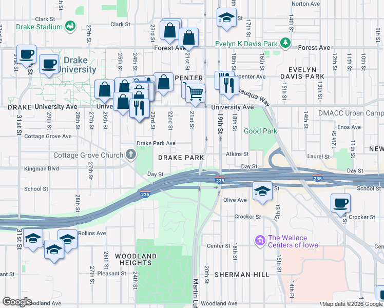map of restaurants, bars, coffee shops, grocery stores, and more near 21st St & Atkins St in Des Moines