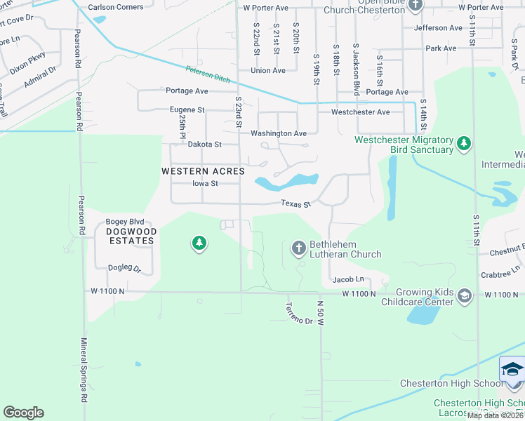 map of restaurants, bars, coffee shops, grocery stores, and more near 2196 Texas Street in Chesterton