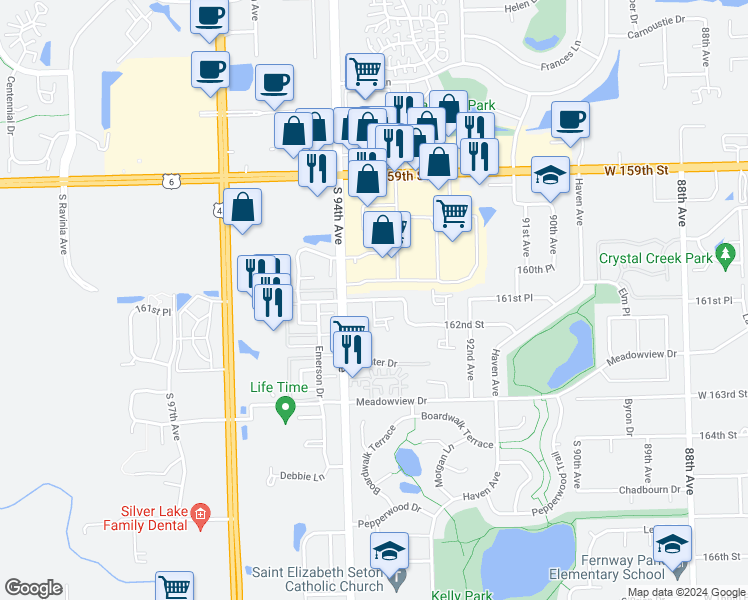 map of restaurants, bars, coffee shops, grocery stores, and more near 9315 Hunter Court in Orland Hills