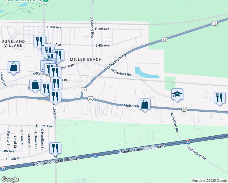 map of restaurants, bars, coffee shops, grocery stores, and more near 6600 Melton Road in Gary