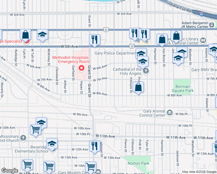 map of restaurants, bars, coffee shops, grocery stores, and more near 747 Lincoln Street in Gary