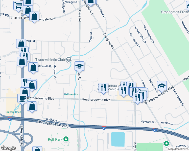 map of restaurants, bars, coffee shops, grocery stores, and more near 2317 Cass Road in Toledo