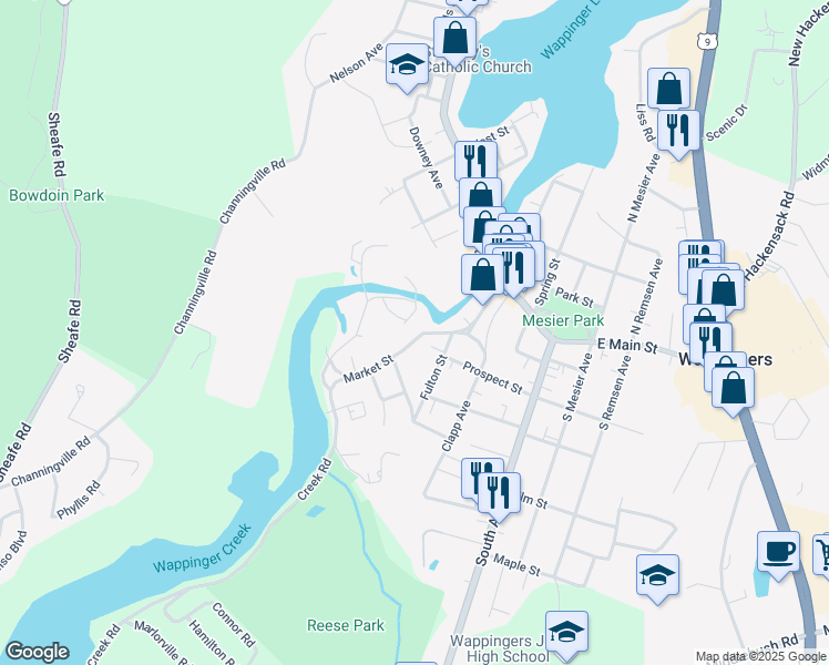 map of restaurants, bars, coffee shops, grocery stores, and more near 49 Market Street in Wappingers Falls