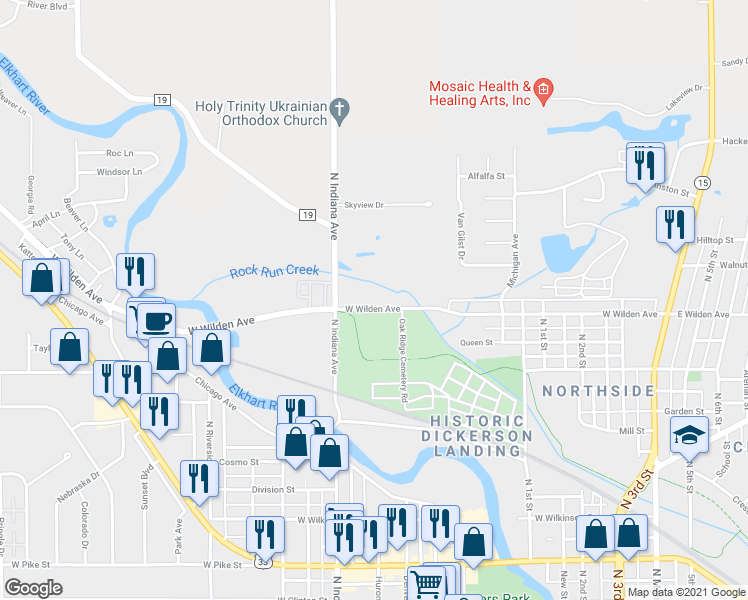 map of restaurants, bars, coffee shops, grocery stores, and more near 813 West Wilden Avenue in Goshen