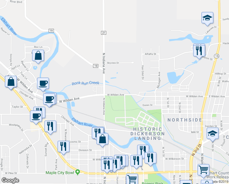 map of restaurants, bars, coffee shops, grocery stores, and more near 813 West Wilden Avenue in Goshen