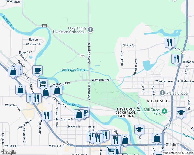 map of restaurants, bars, coffee shops, grocery stores, and more near 813 West Wilden Avenue in Goshen