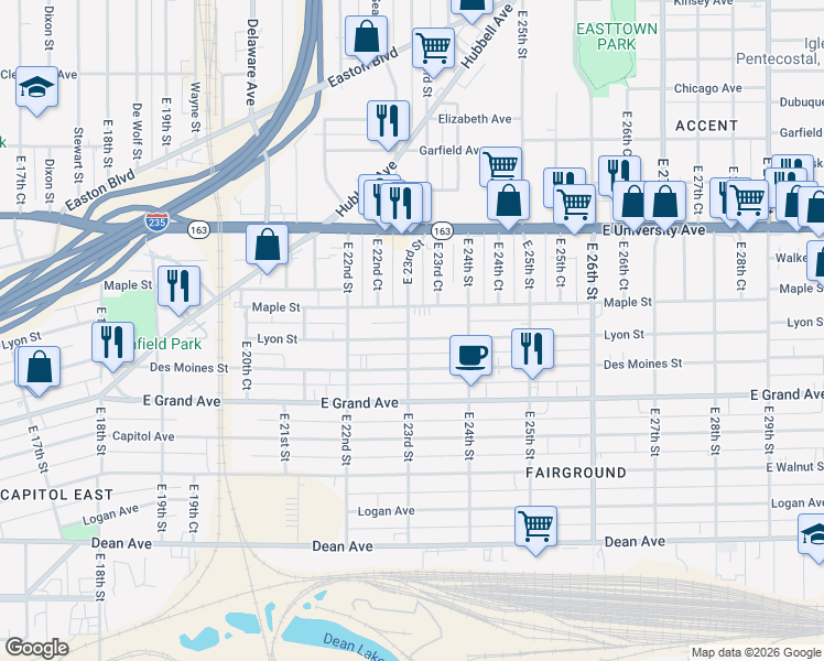 map of restaurants, bars, coffee shops, grocery stores, and more near 2313 Maple Street in Des Moines