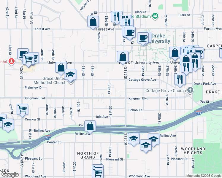 map of restaurants, bars, coffee shops, grocery stores, and more near 1077 33rd Street in Des Moines