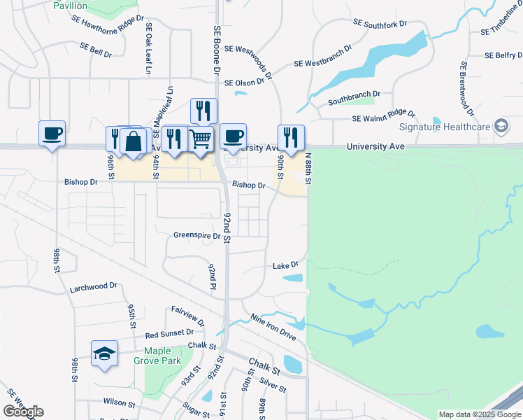 map of restaurants, bars, coffee shops, grocery stores, and more near 9047 Daisy Drive in West Des Moines