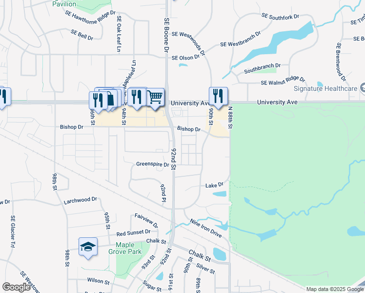map of restaurants, bars, coffee shops, grocery stores, and more near 9159 Burkwood Drive in West Des Moines