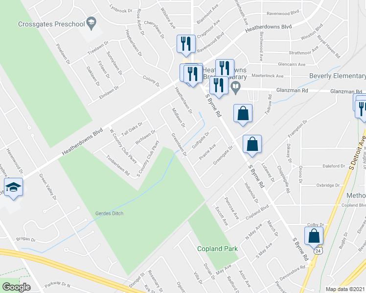 map of restaurants, bars, coffee shops, grocery stores, and more near 3632 Golfgate Drive in Toledo