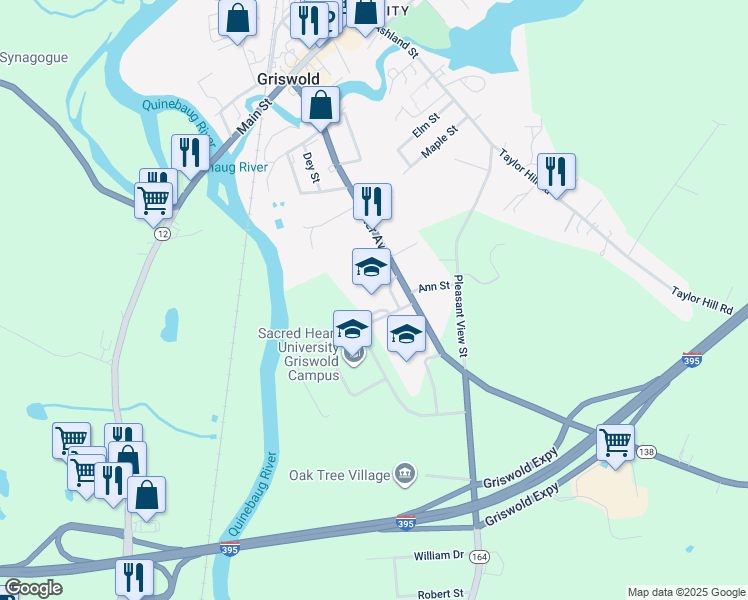 map of restaurants, bars, coffee shops, grocery stores, and more near 211 Slater Avenue in Griswold