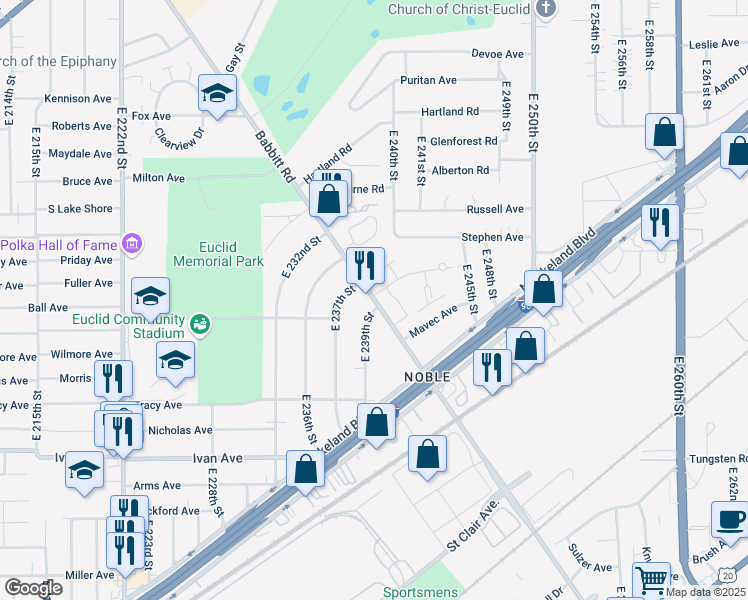 map of restaurants, bars, coffee shops, grocery stores, and more near 24390 Garden Drive in Euclid