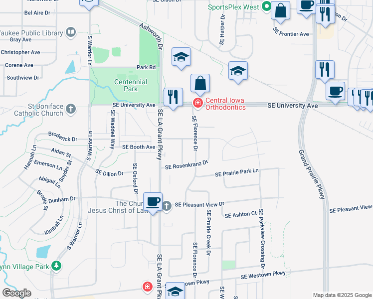 map of restaurants, bars, coffee shops, grocery stores, and more near 1405 Southeast Primrose Lane in Waukee