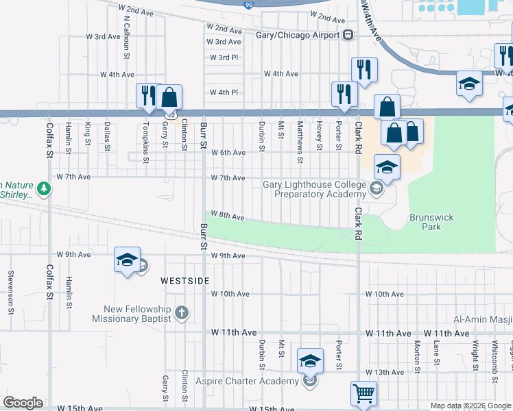 map of restaurants, bars, coffee shops, grocery stores, and more near 739 Hanley Street in Gary