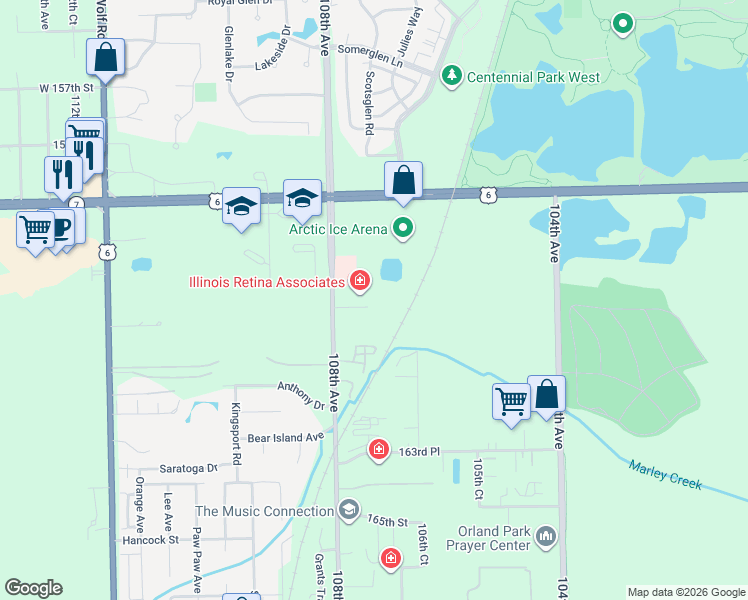 map of restaurants, bars, coffee shops, grocery stores, and more near 10744 161st Street in Orland Park