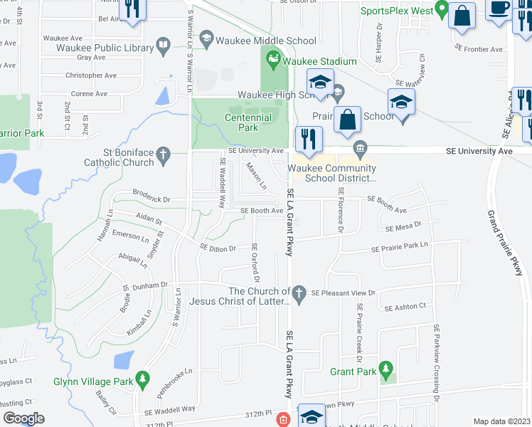 map of restaurants, bars, coffee shops, grocery stores, and more near 226 Southeast Booth Avenue in Waukee